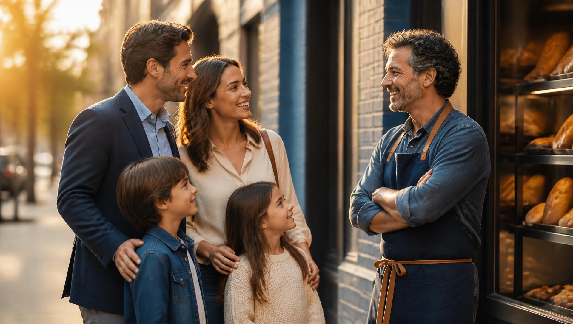 A family talking with a neighborhood bakery owner on a sunlit city street